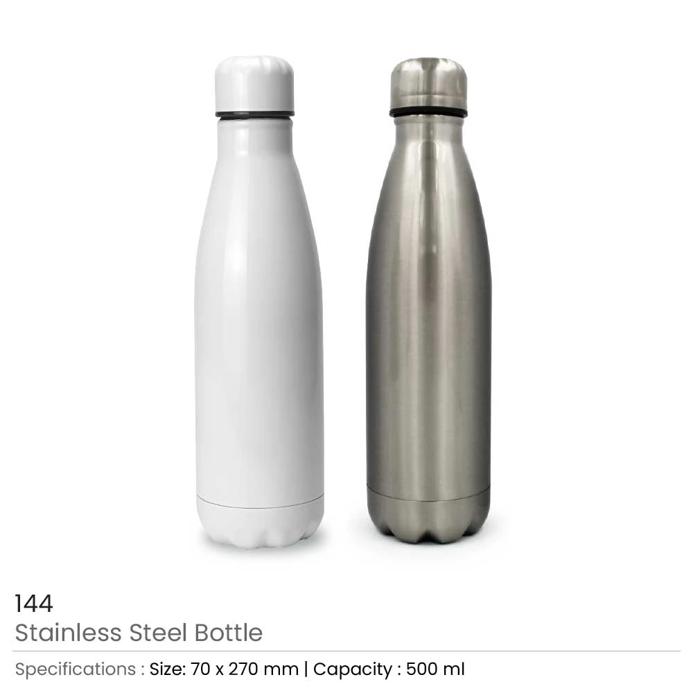 Stainless Steel Water Bottle 500ml - Rubberized Leak-Proof Lid, Silver Shiny Finish