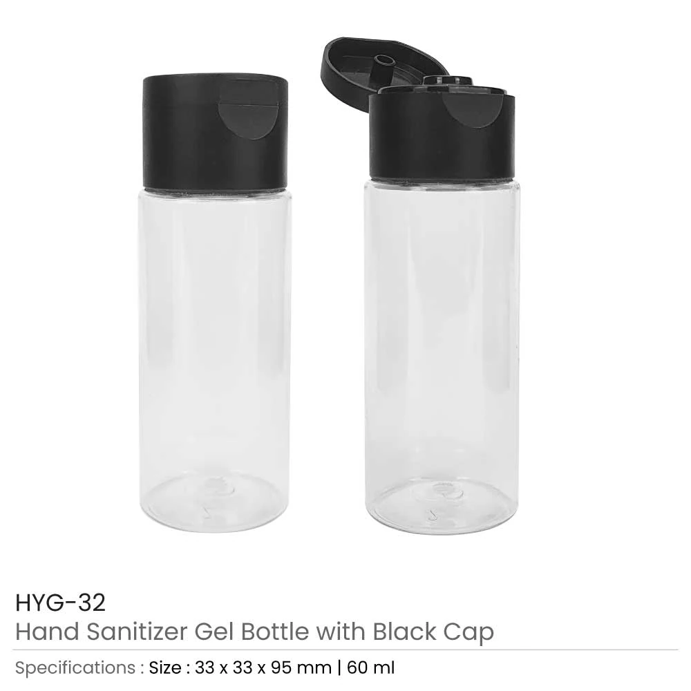 Hand Sanitizer Gel Bottle with Cap - 60ml, Transparent & Black