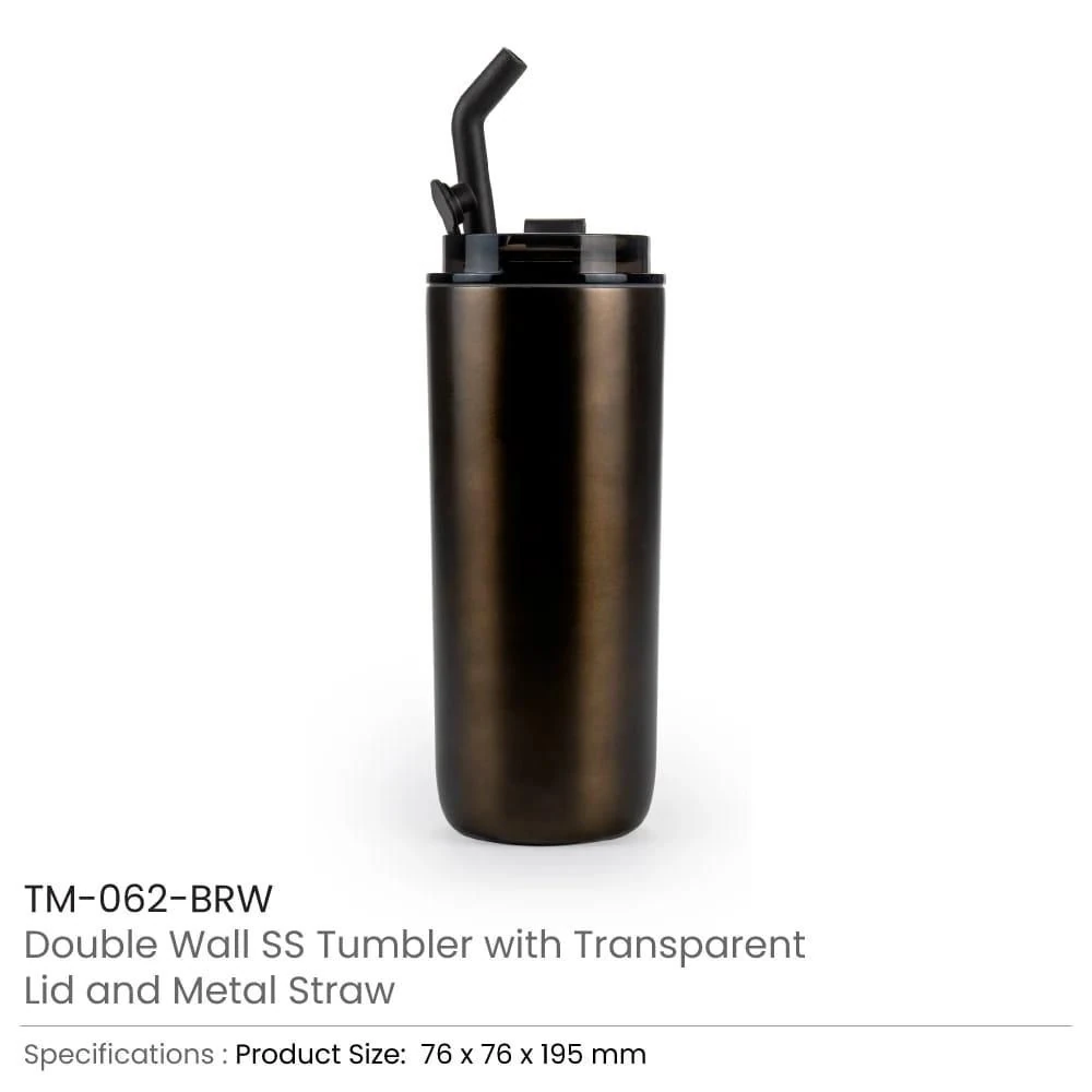 Double Wall SS Tumbler with Transparent Lid and Metal Straw Specifications