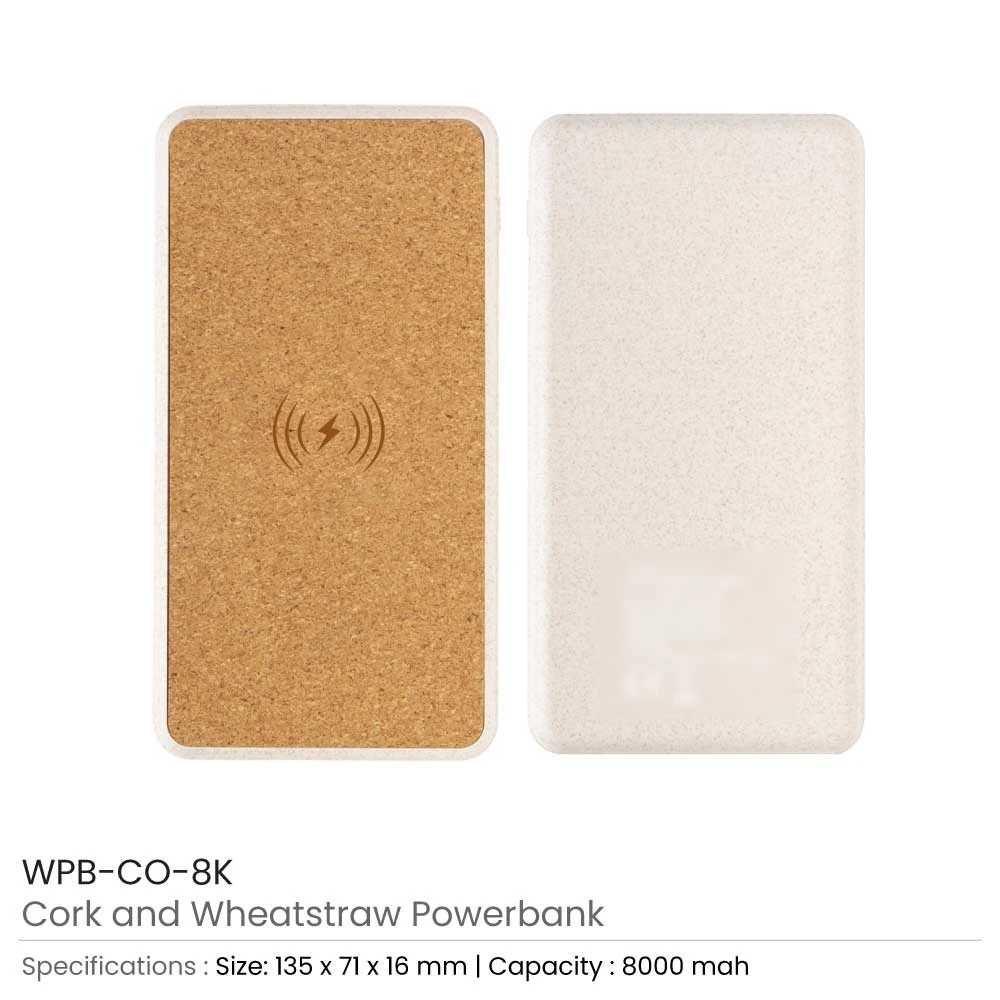 Cork & Wheat Straw Wireless Powerbank 8000mAh - Type-C Input, Dual USB Output