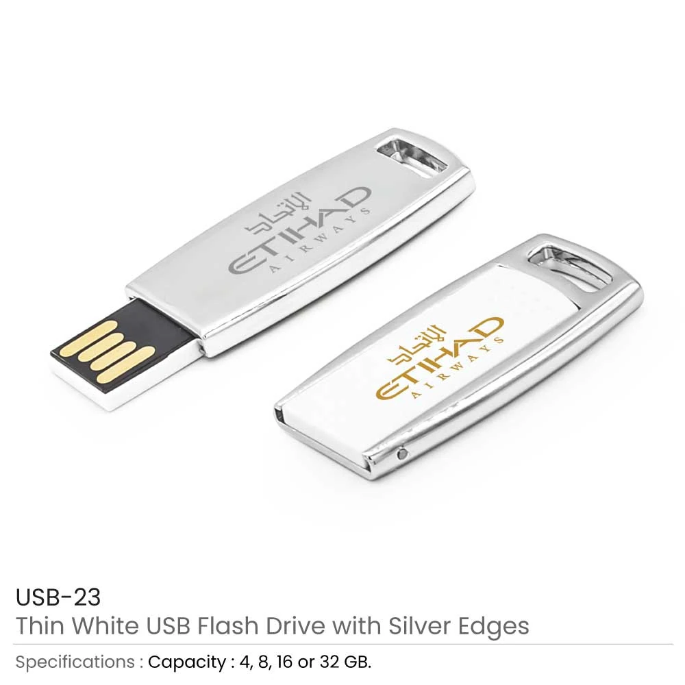 Thin White Metal USB Flash Drive – Custom Logo