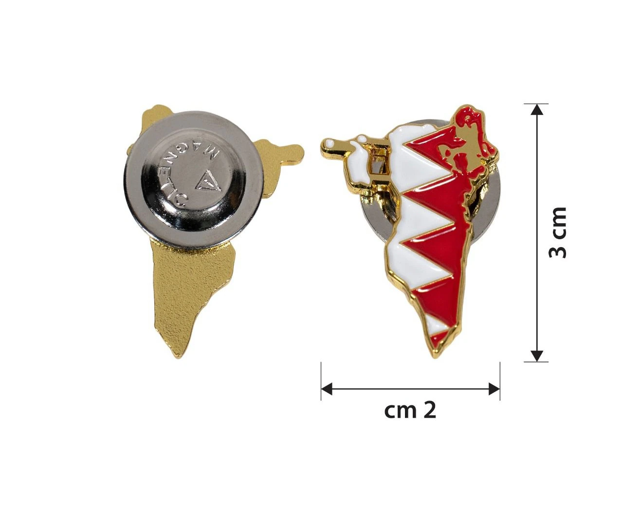 Map shaped flag of Bahrain in the style of a metal pin badge