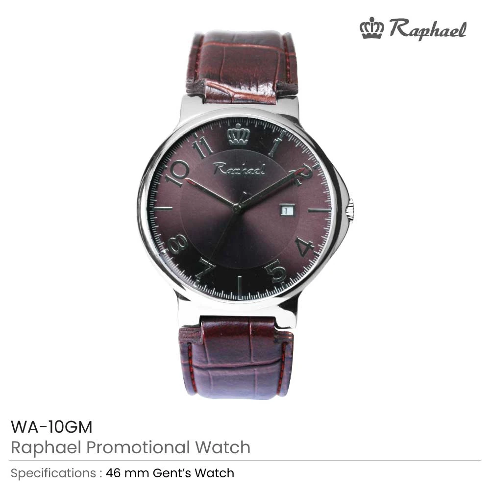 Raphael Gents Watch with Maroon Leather Strap - Stainless Steel Case, Date Window, 46mm