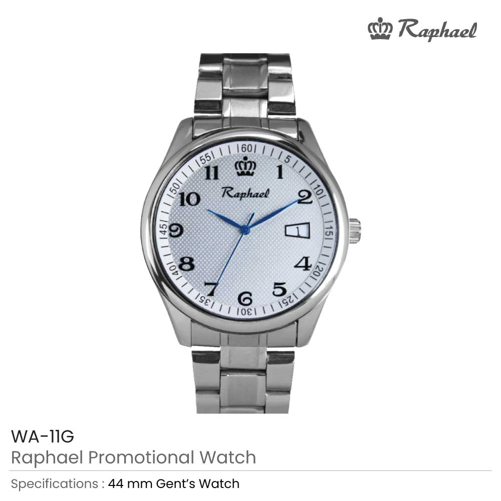 Raphael Gents Watch - Stainless Steel, White Dial with Blue Hands, Date Window, 46mm